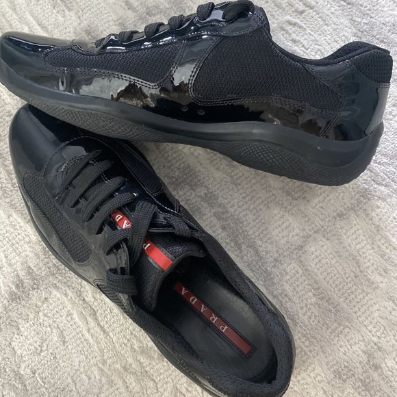 PRADA Mens Americas Cup Black/Mesh Patent Leather Sneakers - Picture 5 of 5
